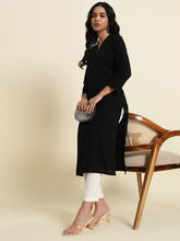 Thread Plus Cotton Flax Straight Kurti In Black Color For Women